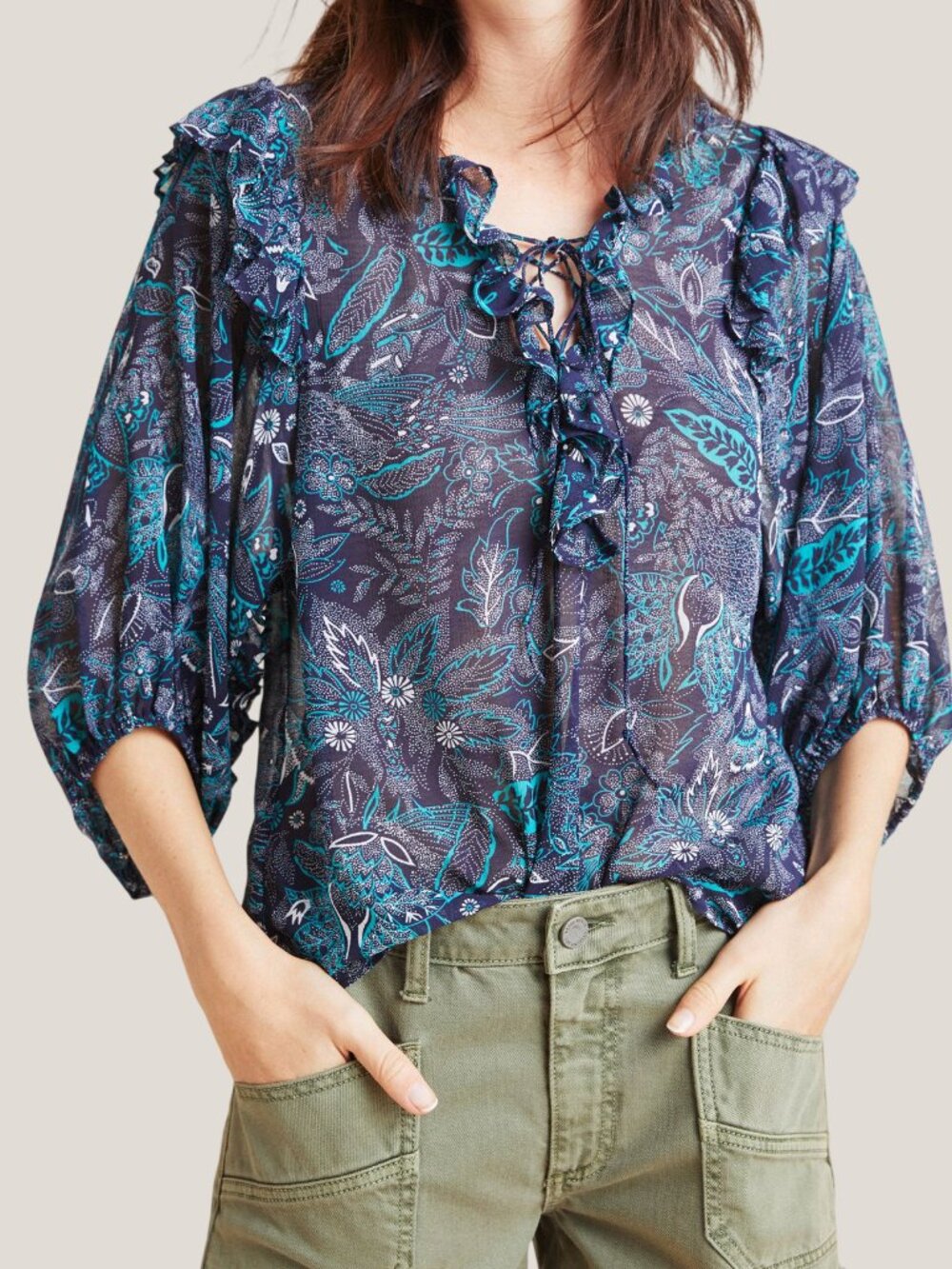 Anthropologie Haida Peasant Blouse Top Floral Blue Small Petite